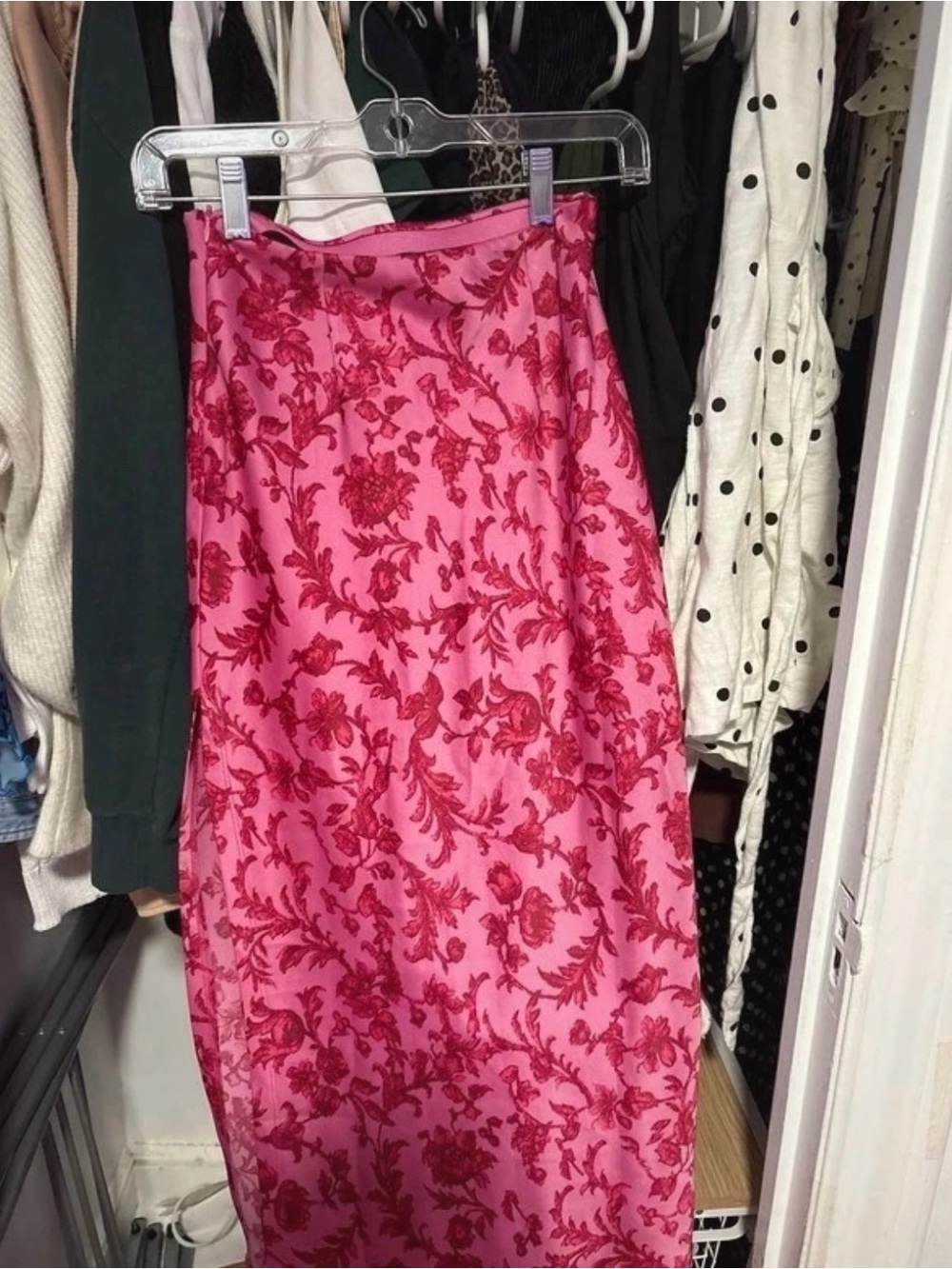 Urban Outfitters Pink Midi Skirt with Red Floral Jacquard